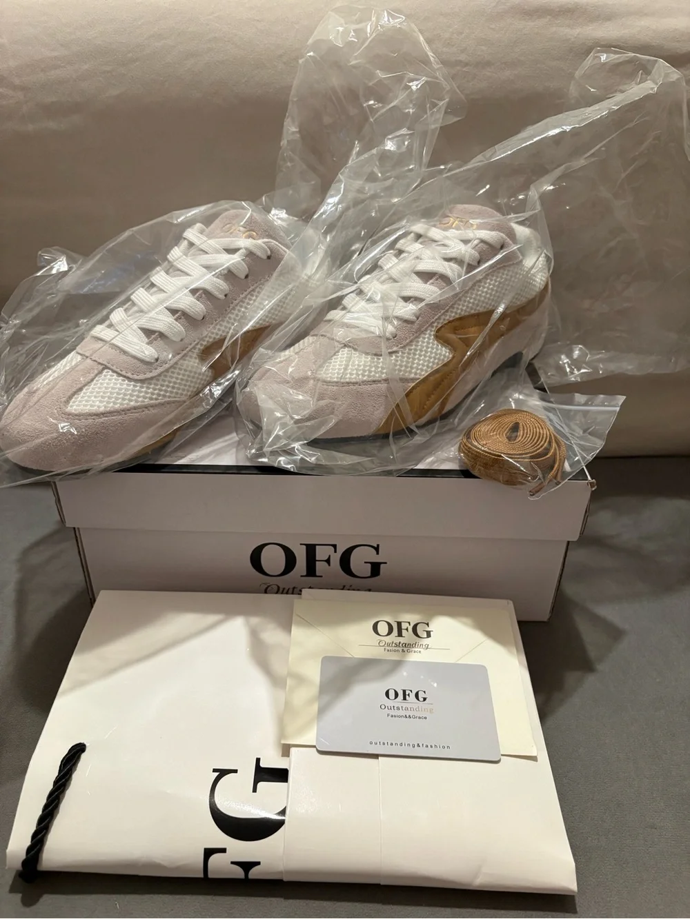 OFG Women’s Casual Mesh and Suede Sneaker in White and Tan - US Size 6